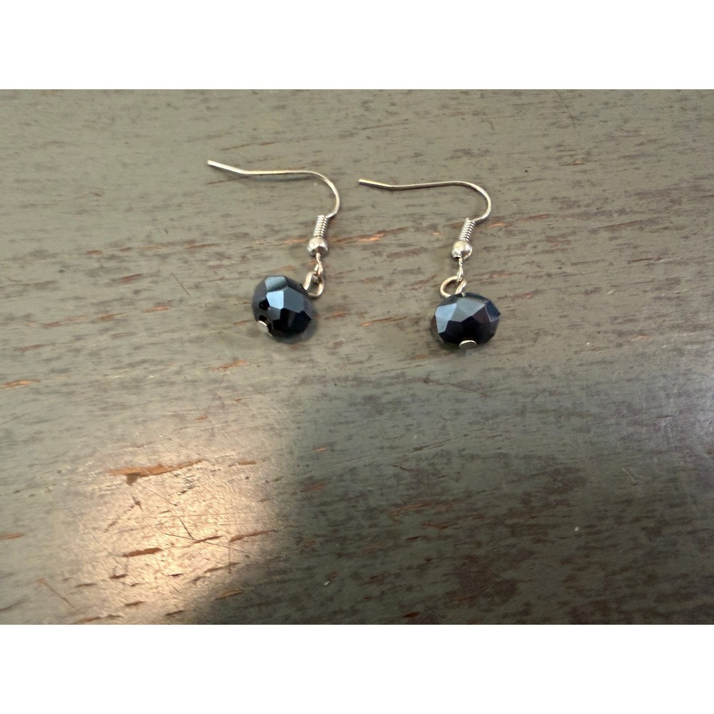 Black Faceted Crystal Glass Bead Drop Earrings Silver Tone Fishhook Dangle